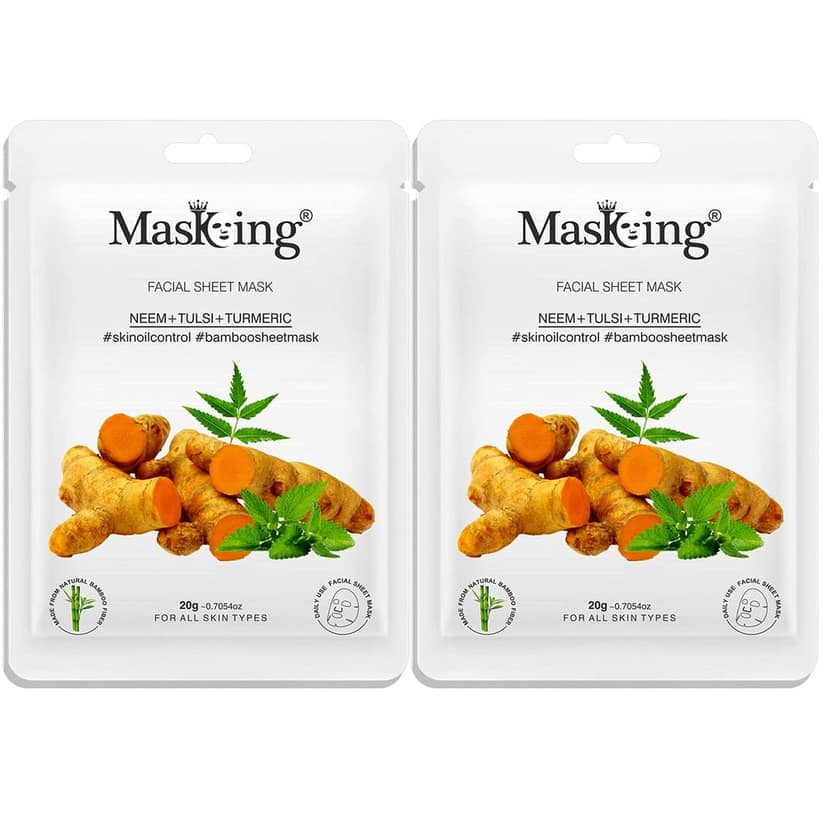 MasKing Bamboo Facial Sheet Mask of Neem, Tulsi & Turmeric for Skin Oil Control Ideal for Women & Men, 20ml each (Pack of 2)