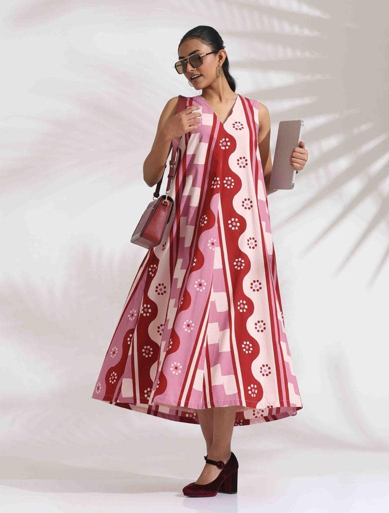 trueBrowns Pink Cotton Abstract Print Dress - Pink (XS)