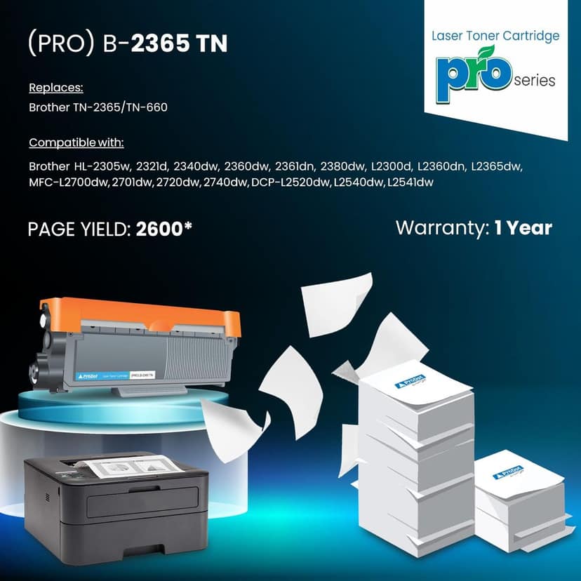 ProDot (PRO B-2365 TN Laser Toner Cartridge for Brother TN-2365/TN-660 Compatible with Brother HL-2305w, 2321d, 2340dw, 2360dw, L2365dw, 2701dw, 2720dw, DCP-L2520dw, L2540dw, L2541dw view 2