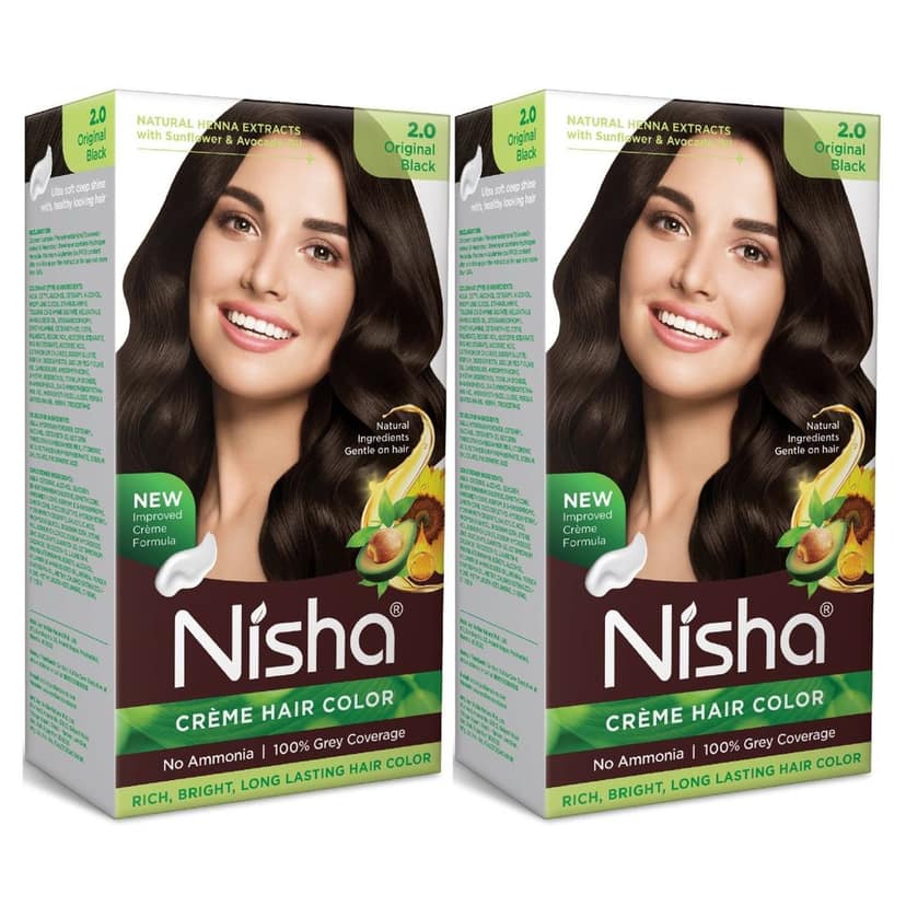 Nisha Creme Hair Color Original Black 60g Pack of 2, Permanent Hair Colour, No Ammonia, 100% Grey Coverage