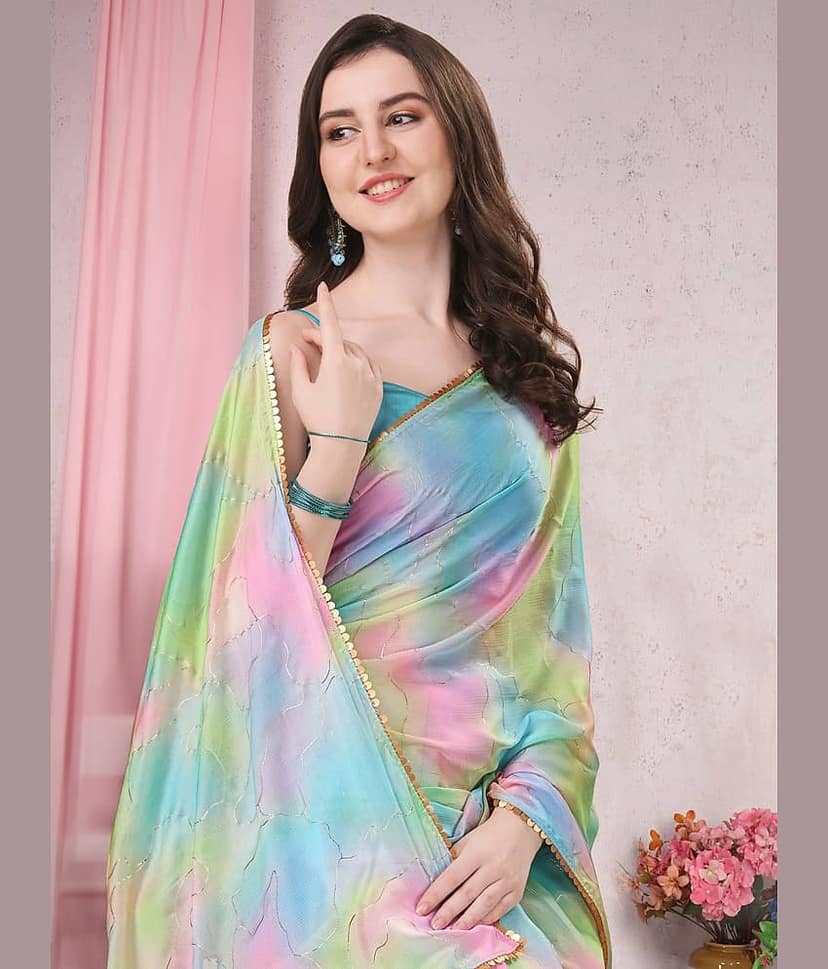 BLEESBURY Chiffon Embellished Saree With Unstitched Blouse Piece ( Blue ) view 2