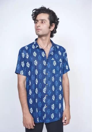 Blue Hand Block Printed Cotton Shirt for Men 1 SET( M,L,XL)