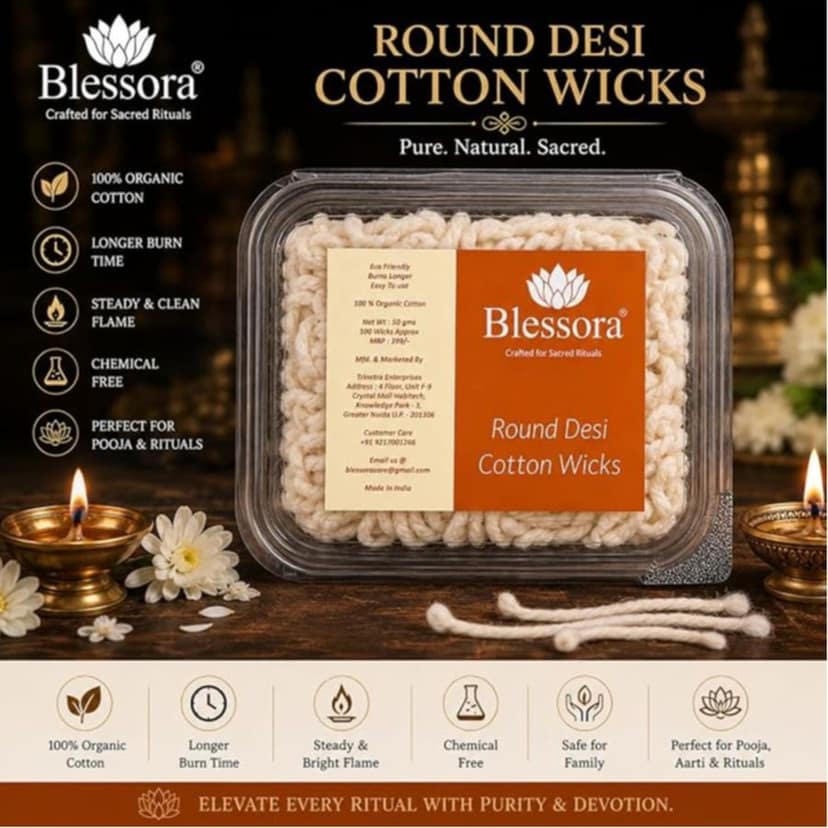 Desi Round Cotton Wicks Diya Batti - White Phool Rui for Pooja | Long Lasting Aarti Use | Temple Daily Worship (Pack of 600 Pcs) view 2