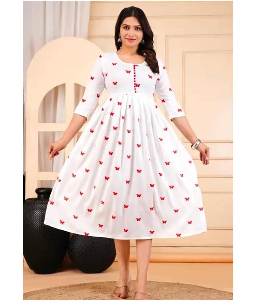 SHREE JEE FABRICS Pack of 1 Rayon Printed Flared Women's Kurti - ( white )