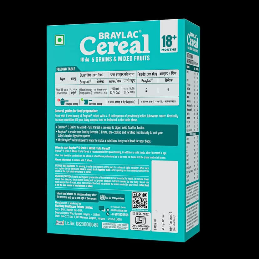 Braylac Cereal Powder 5 Grains & Mixed Fruits from 18 to 24 Months | 300 g | Bag in Box view 2