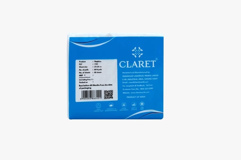 Claret 1-Ply White Paper Napkins (8 Packs, 80 Sheets Each, 640 Total Sheets, 27x30 cm) - Soft, Absorbent, Events and Everyday Use view 2