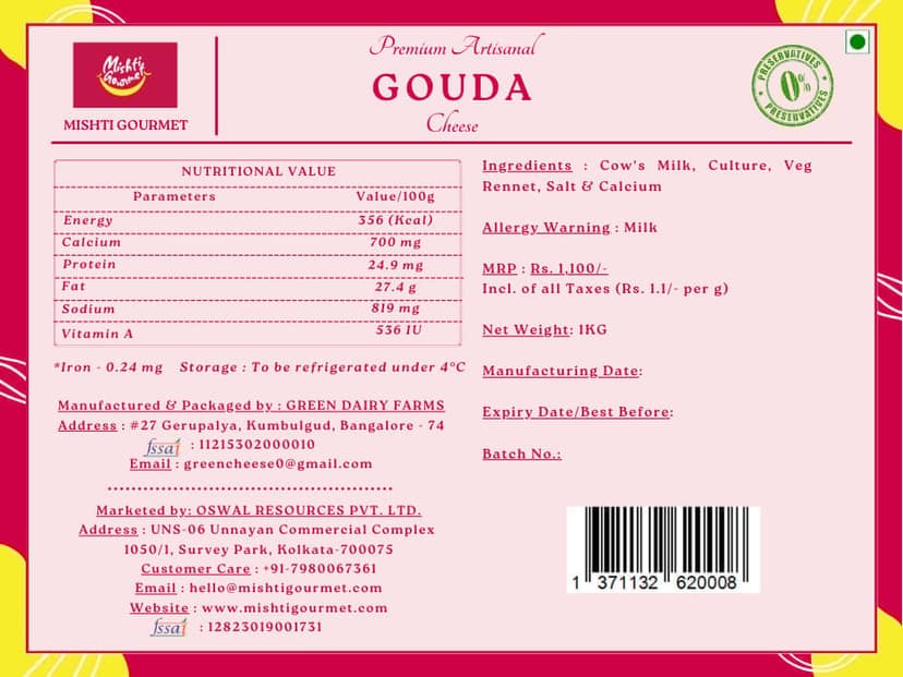 Mishti Gourmet Gouda Cheese 1kg view 2
