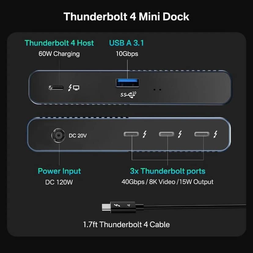 ACASIS 6 in 1 Thunderbolt 4 Mini Dock, Single 8K or Dual 4K60Hz Display,120W DC Charging, Works with Thunderbolt 4/3/USB4, for Hosts Laptop/PC/MacBook view 2