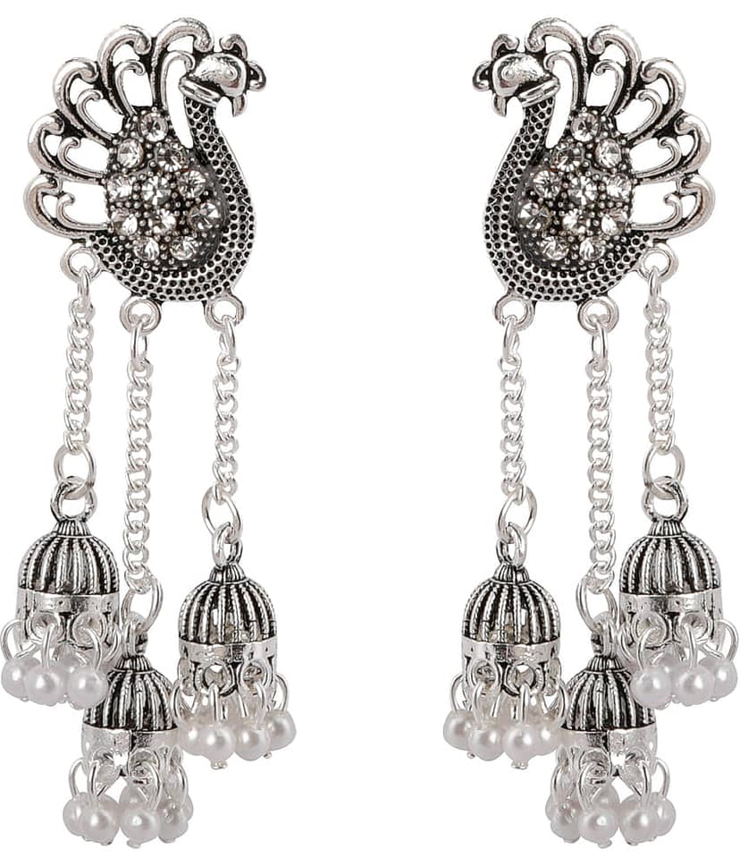 SILVER SHINE Dazzling Silver Peacock Tassel Jhumki Earrings for Women