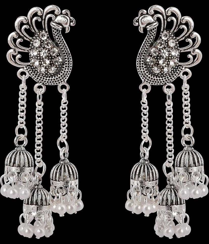 SILVER SHINE Dazzling Silver Peacock Tassel Jhumki Earrings for Women view 2