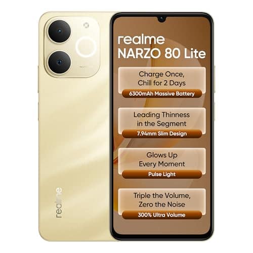 realme NARZO 80 Lite 4G (Beach Gold 2026, 4GB+64GB) | 6300mAh Segment's Biggest Battery | 7.94mm Slim Design | 300% Ultra Volume | Pulse Light: 9 Colors, 5 Glow Modes | Ai Assist view 2