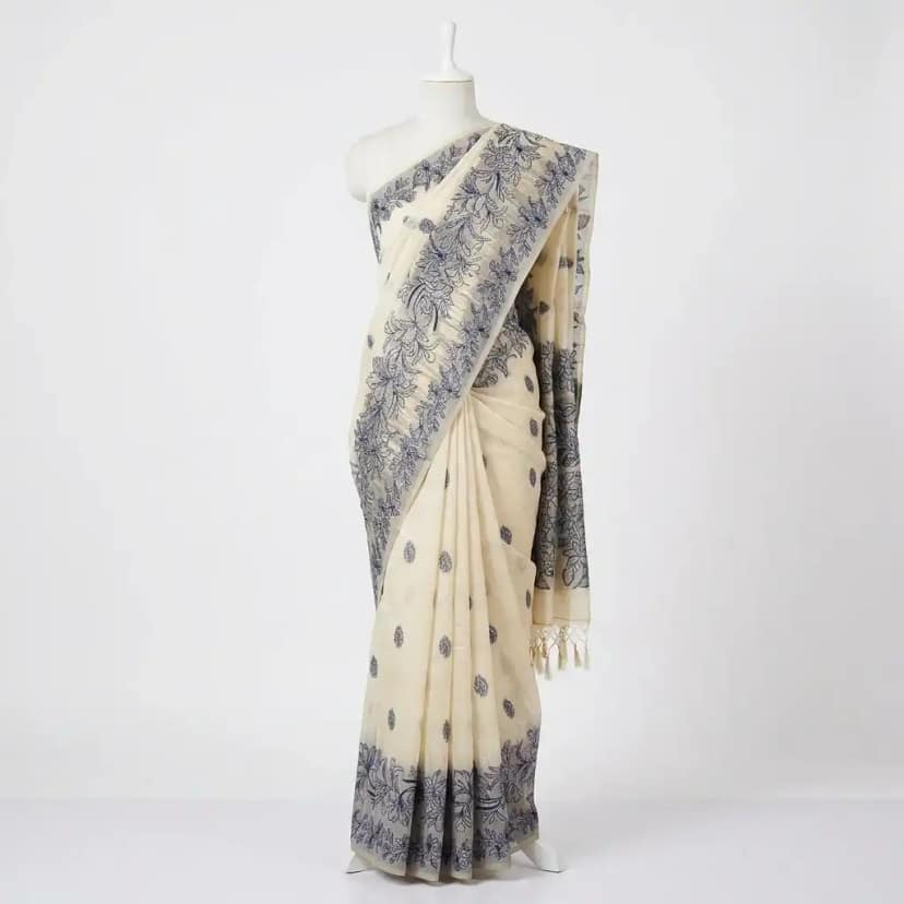 Sambalpuri Floral Print Blue Odisha Tussar Cotton Saree