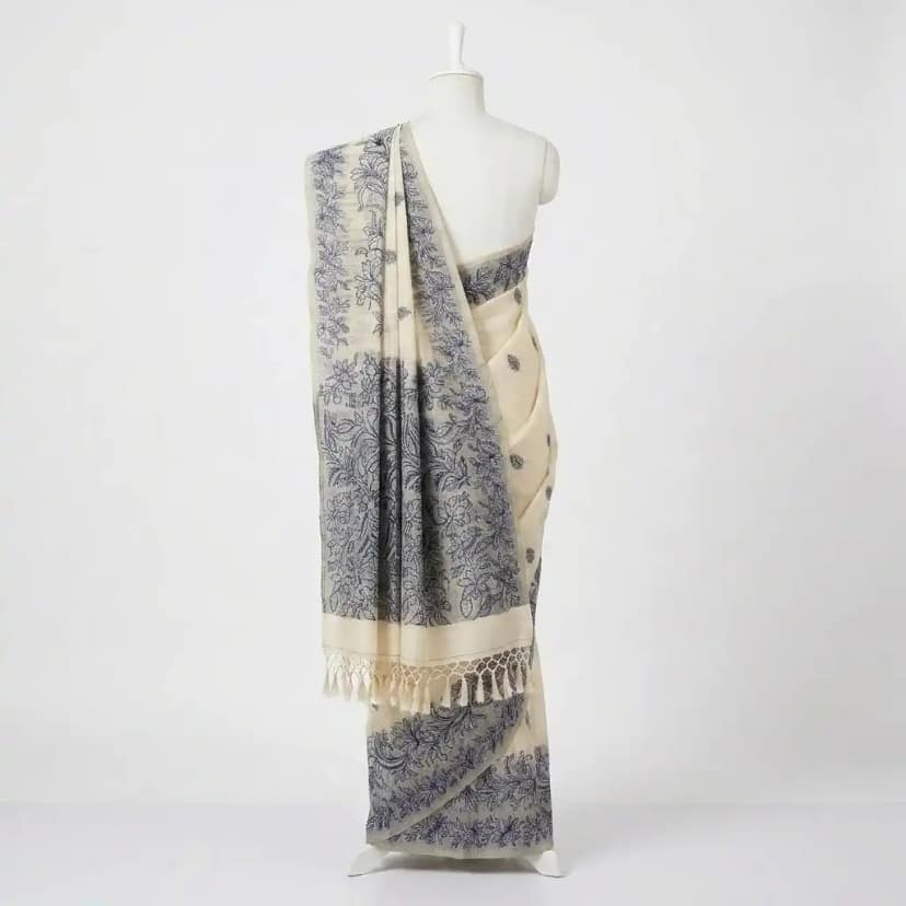 Sambalpuri Floral Print Blue Odisha Tussar Cotton Saree view 2