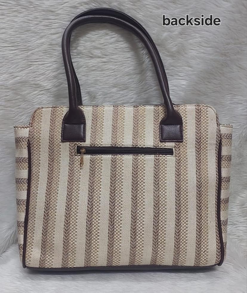 Stripped Cotton Azrak Print Jute Tote Bag with Complimentary Pouch view 2