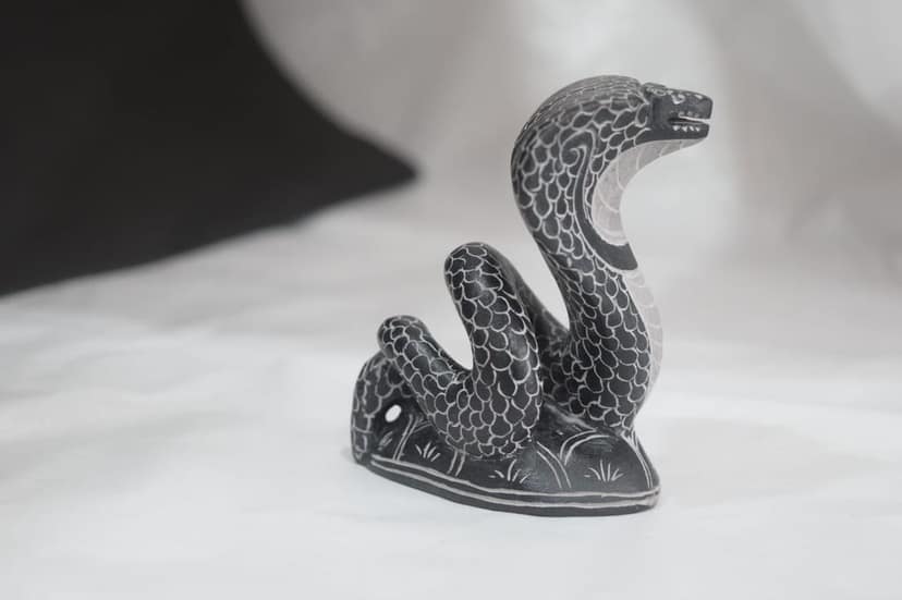 Handcrafted Stone Cobra Snake Figurine, Black and White, Scale Pattern Design, Traditional Indian Art Sculpture, Home Decor