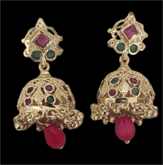 Traditional Indian Gold Jhumka Earrings with Ruby and Emerald Stones Online view 2