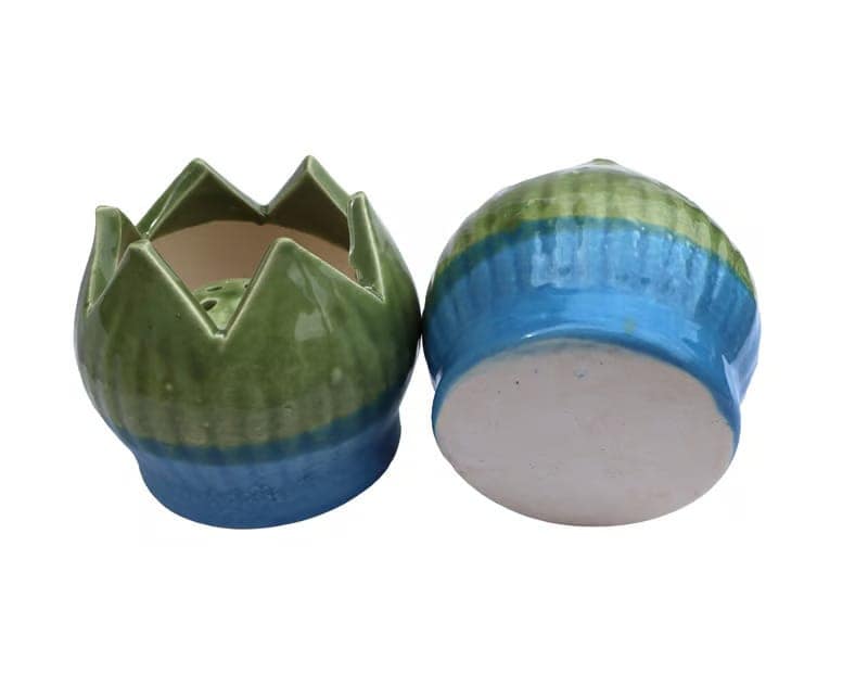 Ceramic Lotus Shaped Incense Holders - Green & Blue Set of 2 view 2