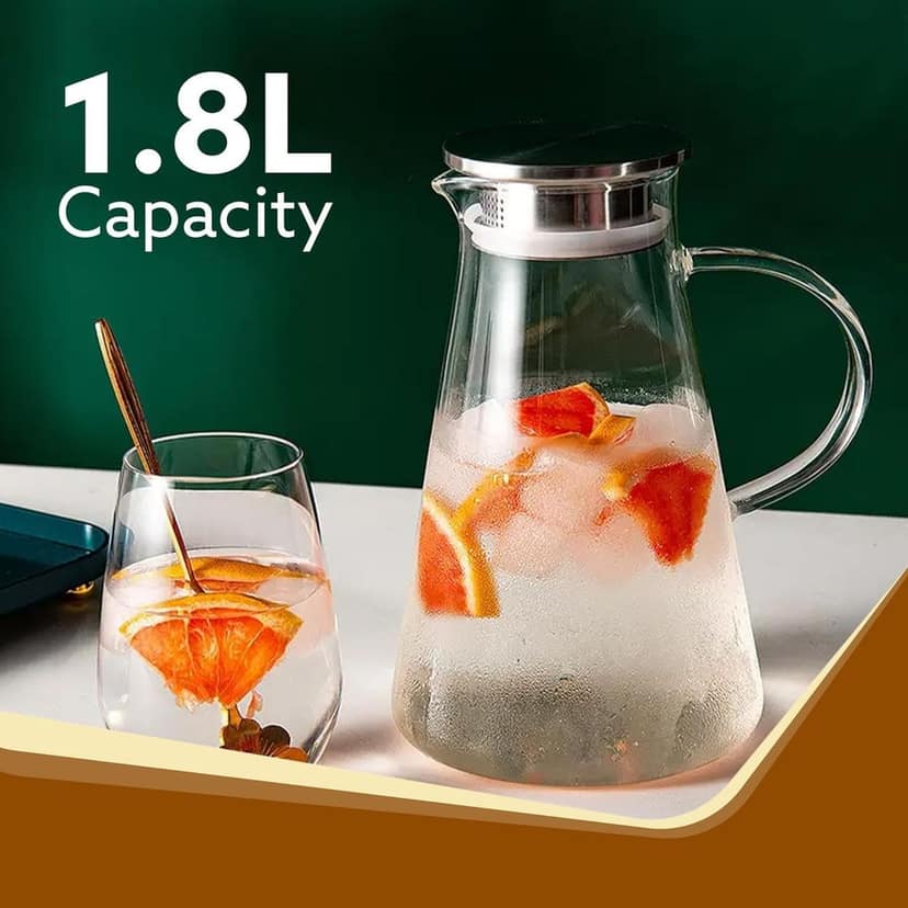 Italian Premium Glass Water Jug with Plastic Lid & Handle | 1.3 Littre |Transparent Carafe for Home, Office | Pitcher for Serve Water, Milk, Juice, Beverage, Chaas, Cocktail | view 2