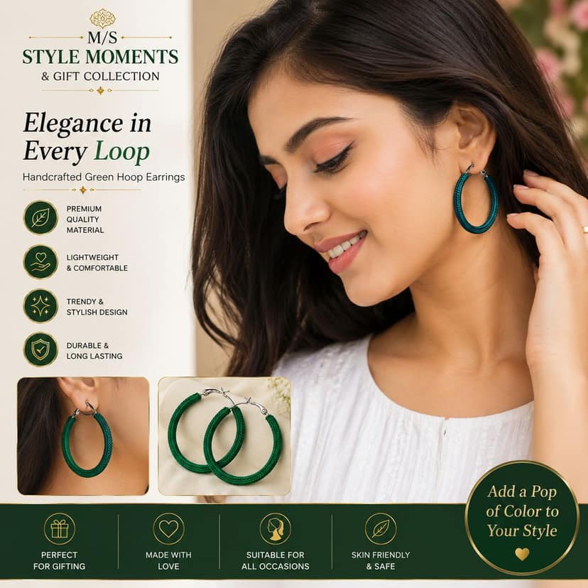 Handmade Emerald Green Hoop Earrings | Lightweight Stylish Crochet Fashion Jewellery | M/S STYLE MOMENTS & GIFT COLLECTION view 2