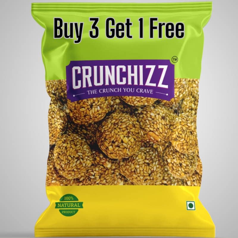 CRUNCHIZZ Snacks - Get 4 at the Price of 3 - 1 Pack FREE Offers I Authentic Kerala Ellunda I Black / White Sesame Seeds mixed with Jaggery I Gluten-Free I No Artificial Additives I 4 PACK COMBO I 150 Grams Each I