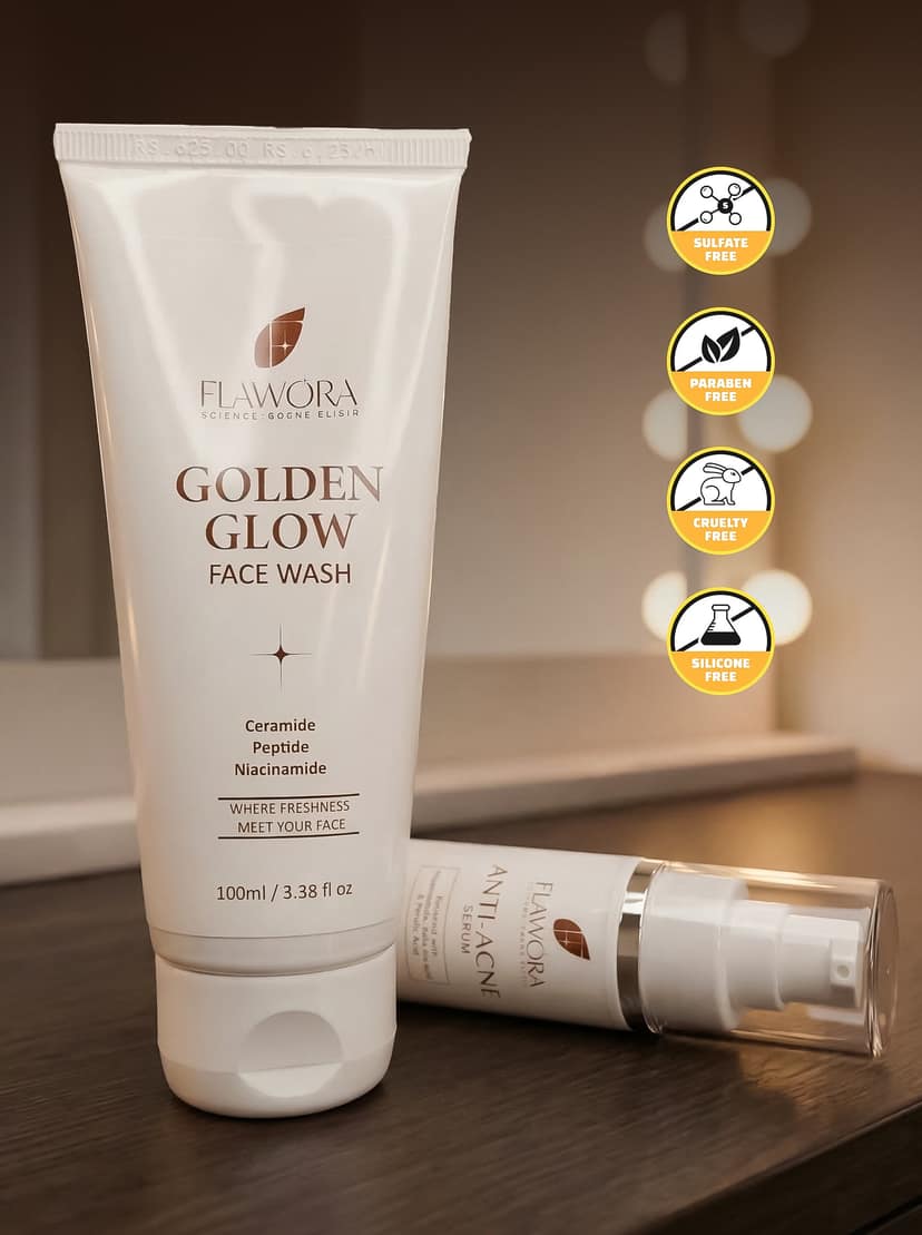 Set of Flawora Golden Glow Niacinamide Face Wash and Anti Acne Serum Combo view 2