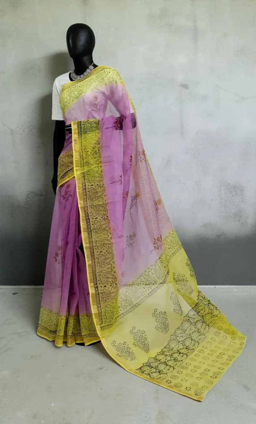 Kota Doria Cotton-Silk Saree, Block Print with Bright Yellow Border view 2