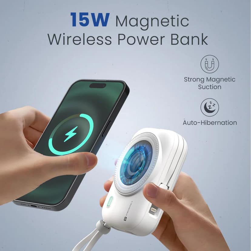 Portronics Power Shutter 10000mAh 15W Wireless Magnetic Power Bank, 22.5W PD, Type-C & 8-Pin Cable, LED Display view 2