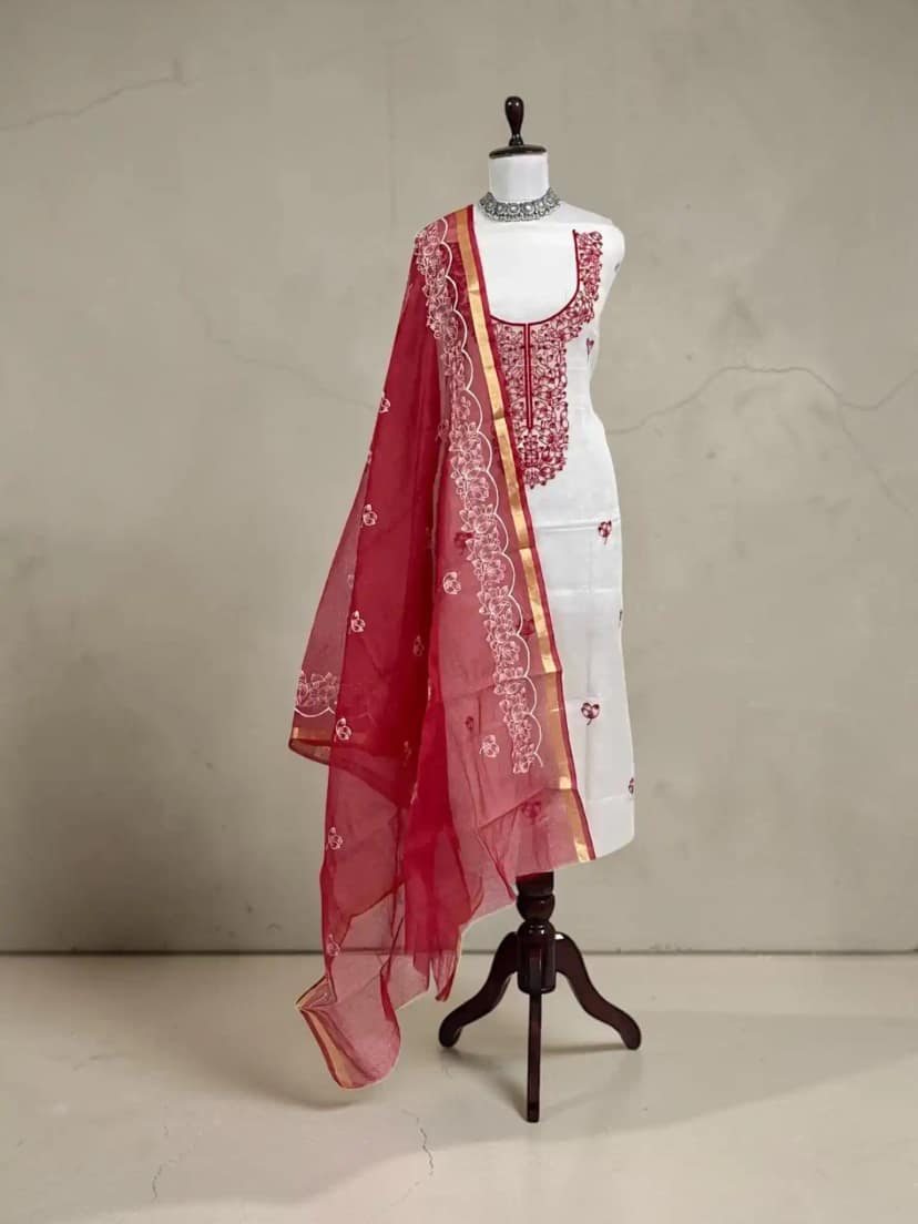 Kota Doria Maroon Red Cotton-Silk Dress Material with Hand Embroidery