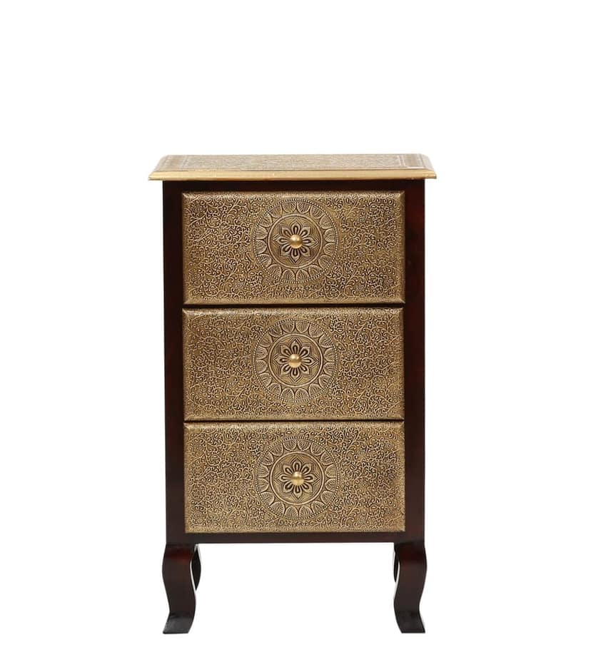 Bed side Brass Fitted 3 Drawer chest / Living Room/ Bed Room / Brown Finsh/ Handmade/table view 2
