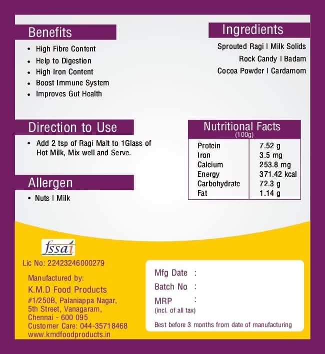 KMD Sprouted Ragi Malt - 250g | Rich in Fibre & Calcium view 2