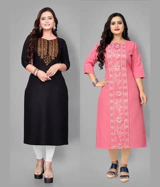 RIAANA Women Cotton Embroidered Straight Kurti ( Black )