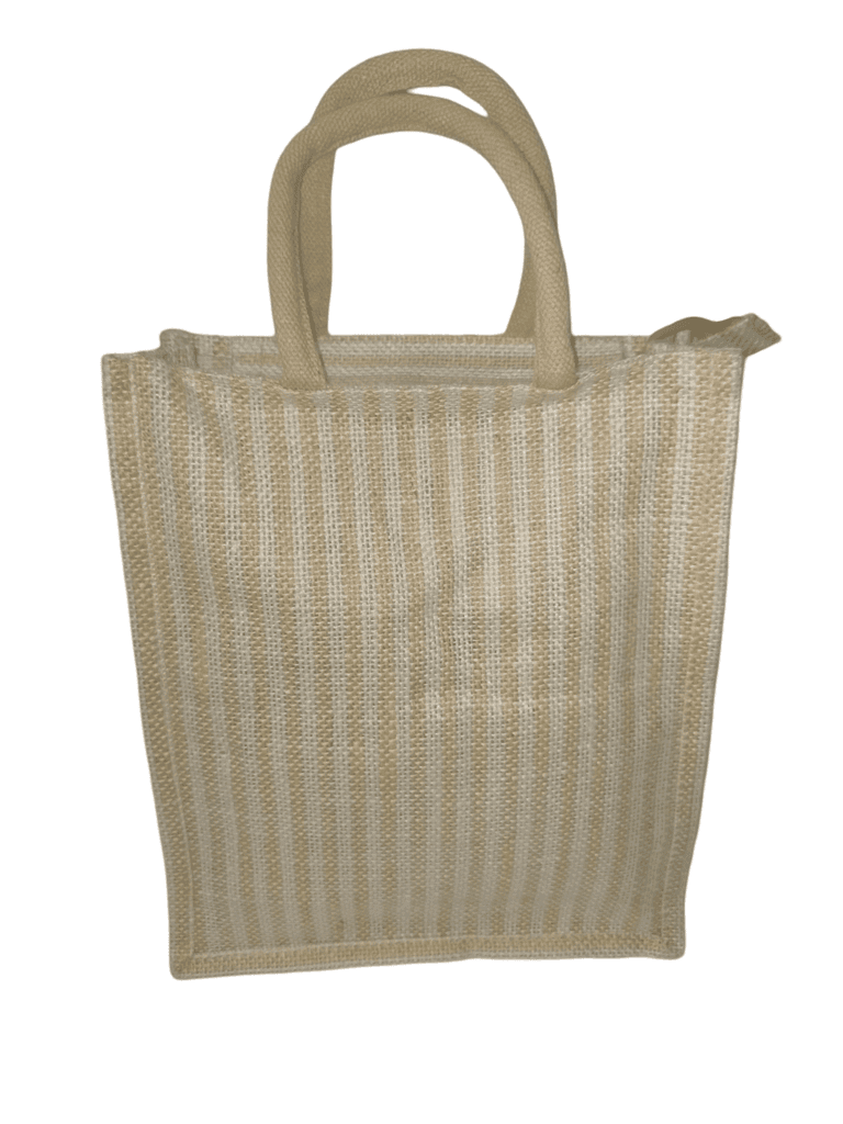 Striped Jute Tote Bag with Button Closure view 2