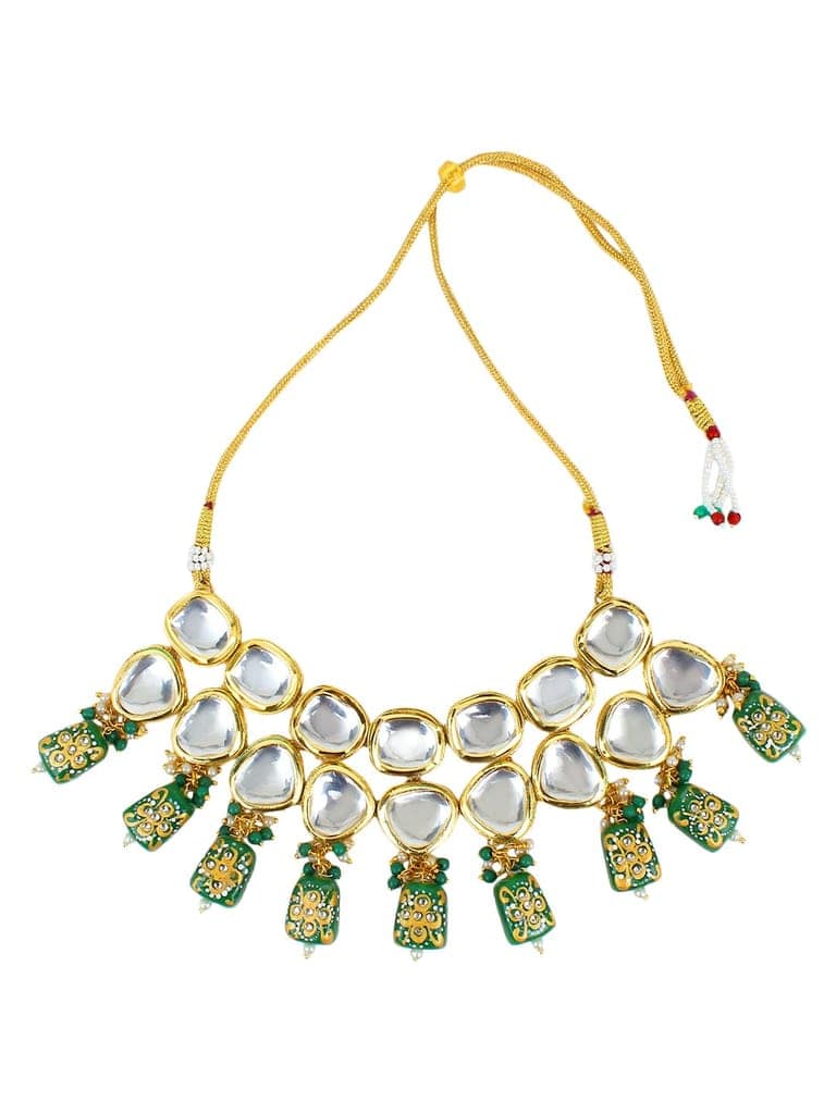 Cardinal Gold Plated Brass Green Color Stone Kundan Party Wear Necklace Set view 2