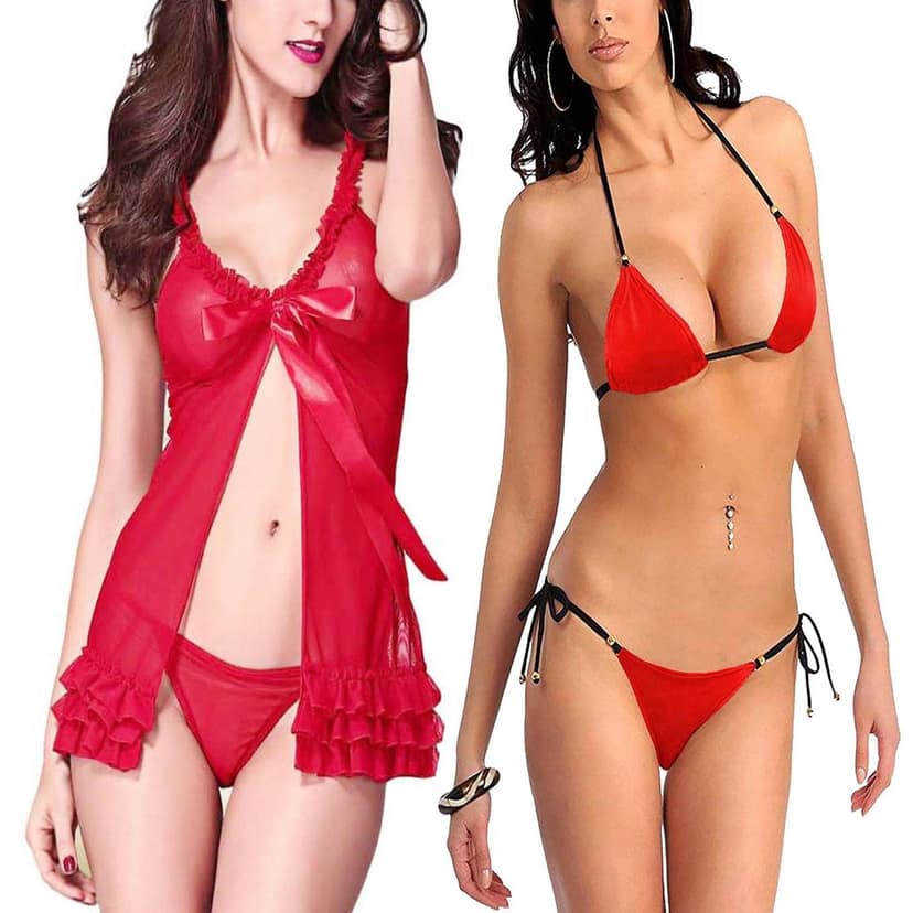 Babydoll night dress Sleepwear And Moti bra Panty bikini set Combo Pack 2