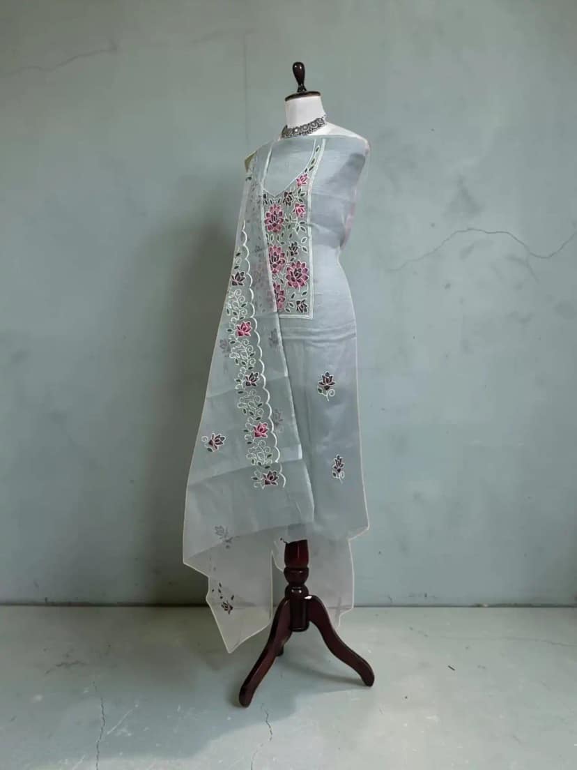 Kota Doria Cotton-Silk Dress Material with Hand-Embroidered Rose Border view 2