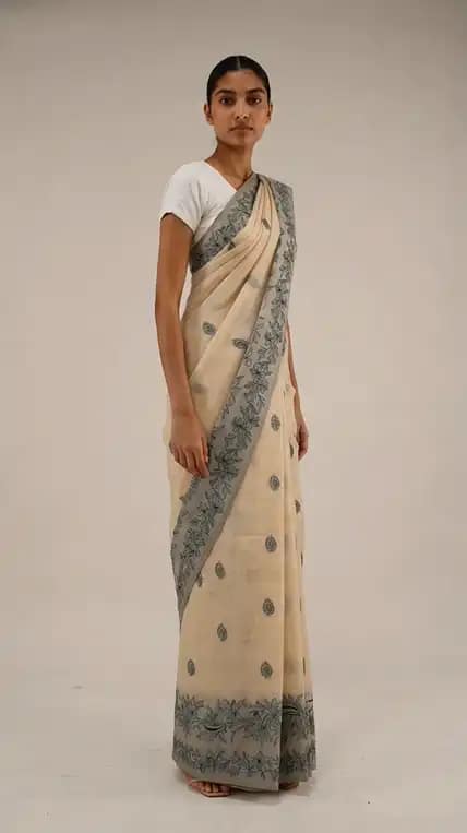 Bomkai Sonepuri Beige Cotton Saree Olive Paisley Buti view 2