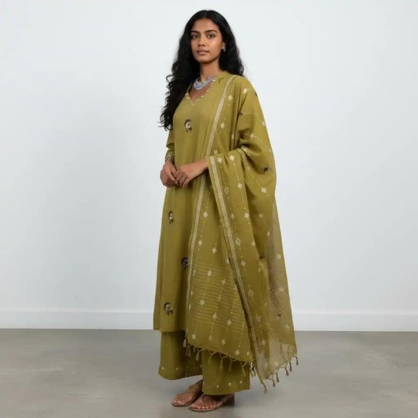 Olive Green Handloom Cotton Co-Ord Set with Mirror Work, 3-Piece view 2