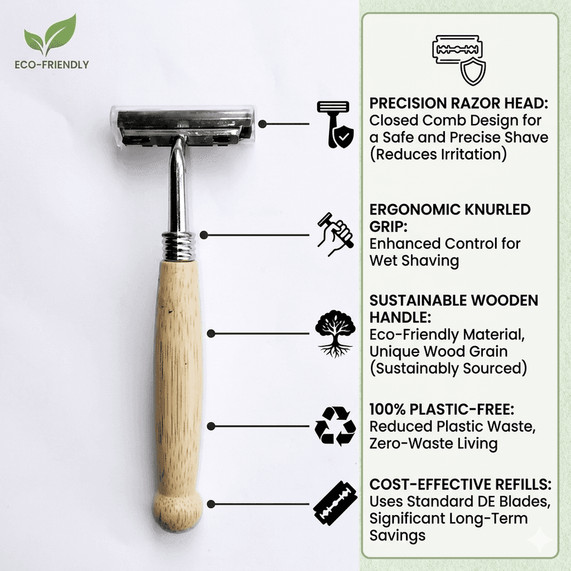 Malvaa Eco-Friendly Double Edge Safety Razor with Wooden Handle view 2