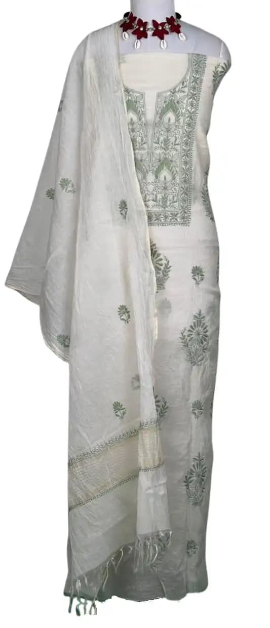 Chikankari Mul Chanderi Dress Material White Green Floral