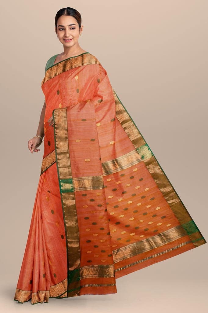 Yam Orange Rudraksh Buti Handwoven Maheshwari Silk with Zari Border Saree SKU-BS10106 view 2