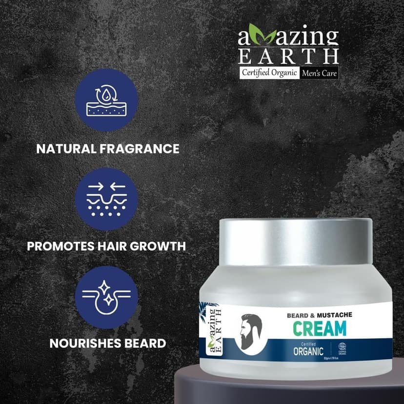 AMAzing EARTH Certified Organic Beard Mustache Cream for Men - 100% Natural, Shea Butter, Olive, Patchouli & Godel Jojoba Oil, Beard Hair Growth, Sulphates & Parabens Free and Cruelty Free, 50gm view 2