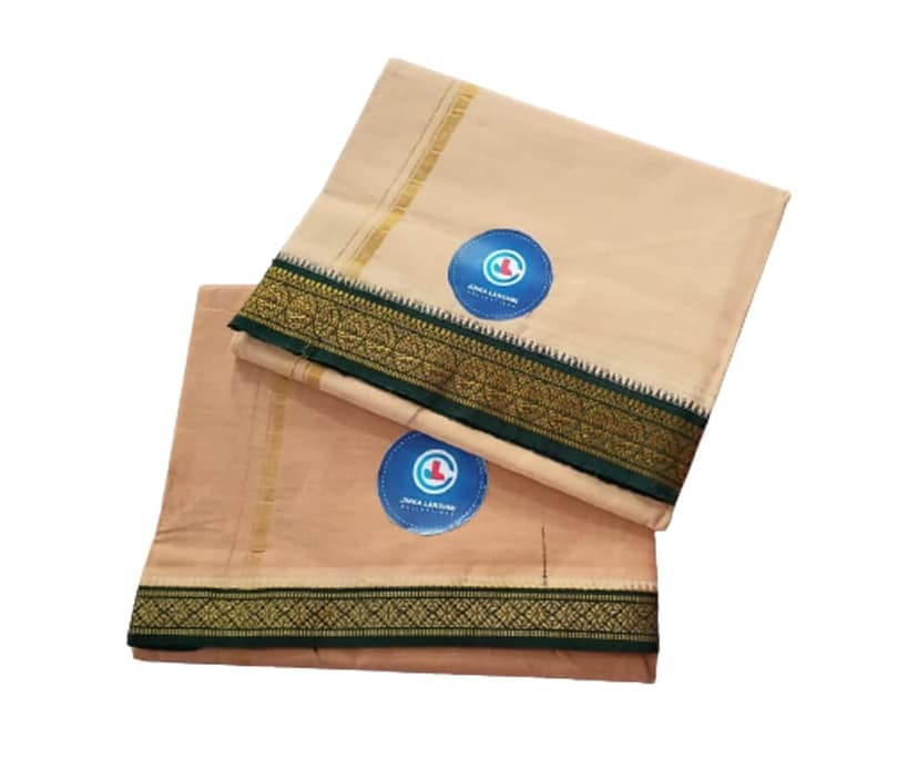 Jinka Lakshmi Collections 100% Handloom Biege Color Cotton Dhoti With Zari Border Up and Down 4 Meters Unstitched Pack of 2 (Multicolor-02) view 2