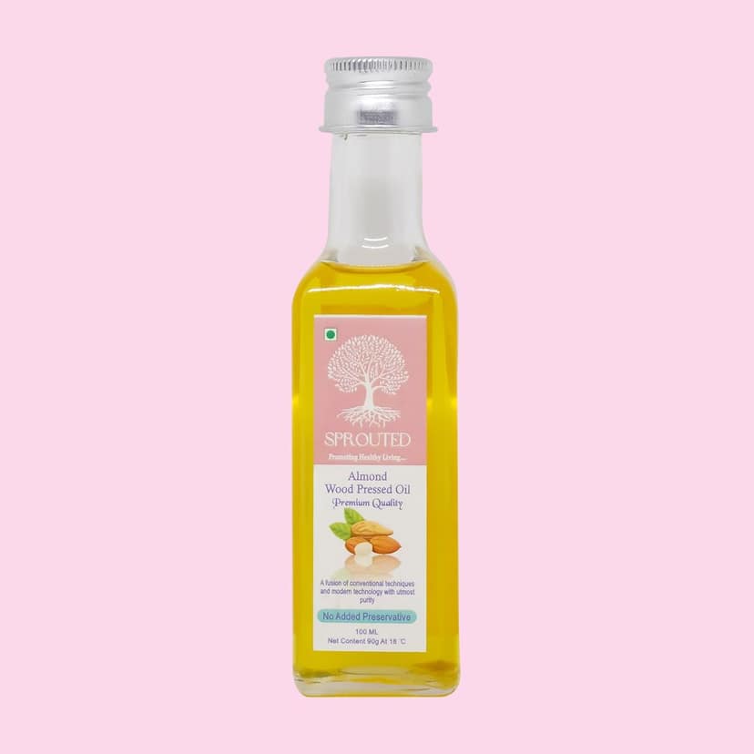 Sprouted Wood Cold Pressed Almond Oil/ Badam ka Tel | Glass Bottle | Kohlu/ Kacchi Ghani | 100% Pure | Gluten-Free | Chemical Free | Wood Cold Pressed/ Cold Pressed Almond/ Badam Oil for Cooking, Skincare in 100 ML