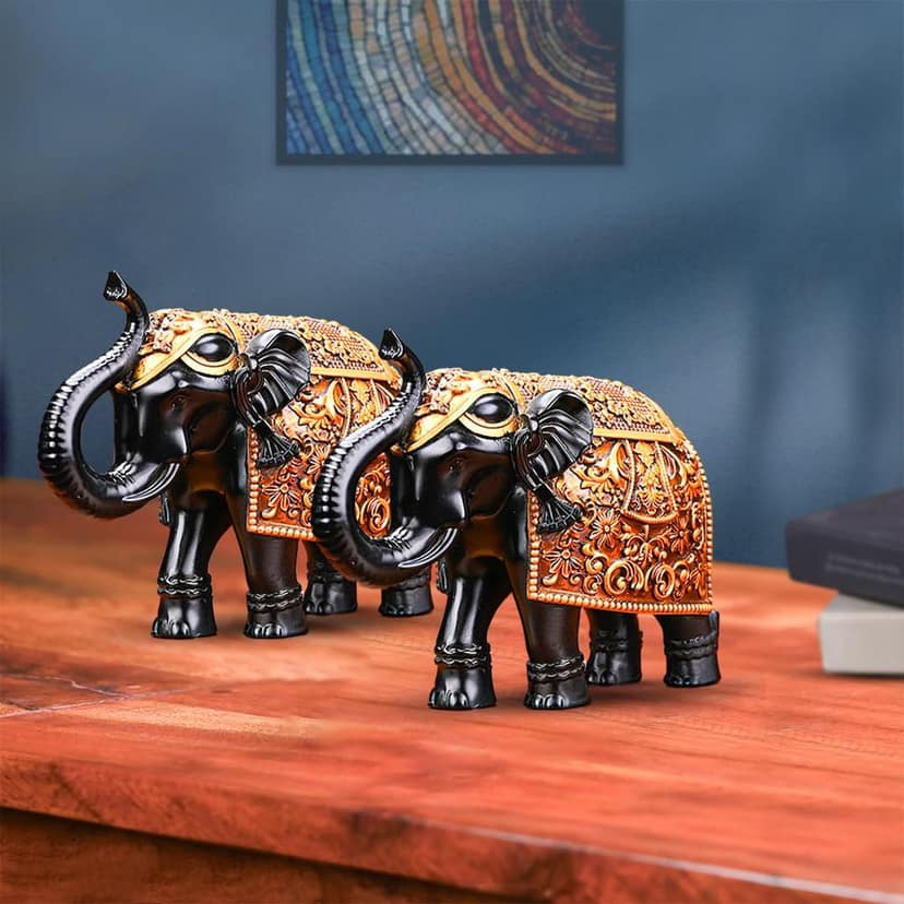Artarium Black Royal Elephant Family Statue Showpiece with Royal Embellishments Fengshui Vastu Good Luck Decorative Items for Home Decor Living Room Office Decor (Royal Elephant Black Pack of 2) view 2