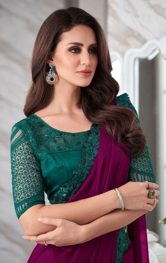 Embroidered Border Satin Georgette Saree in Purple view 2