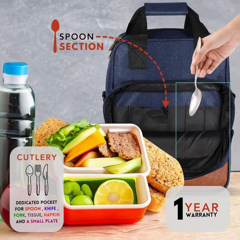 Insulated Lunch Bag | Large Space Fits 2 Lunch Boxes & 1Ltr Water Bottle, Front Cutlery Compartment (Blue & Tan Color) TB13 view 2