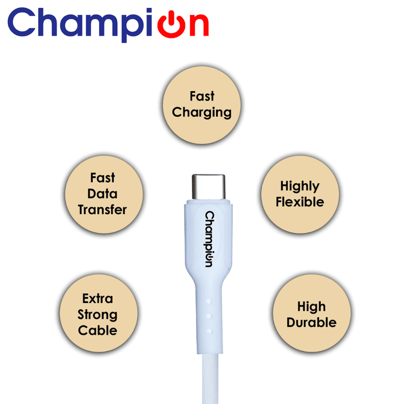 Champion SuperVOOC Type-C to C 65W Data Sync & Charging Cable PVC for all Apple & Type-C Port Devices (White) view 2