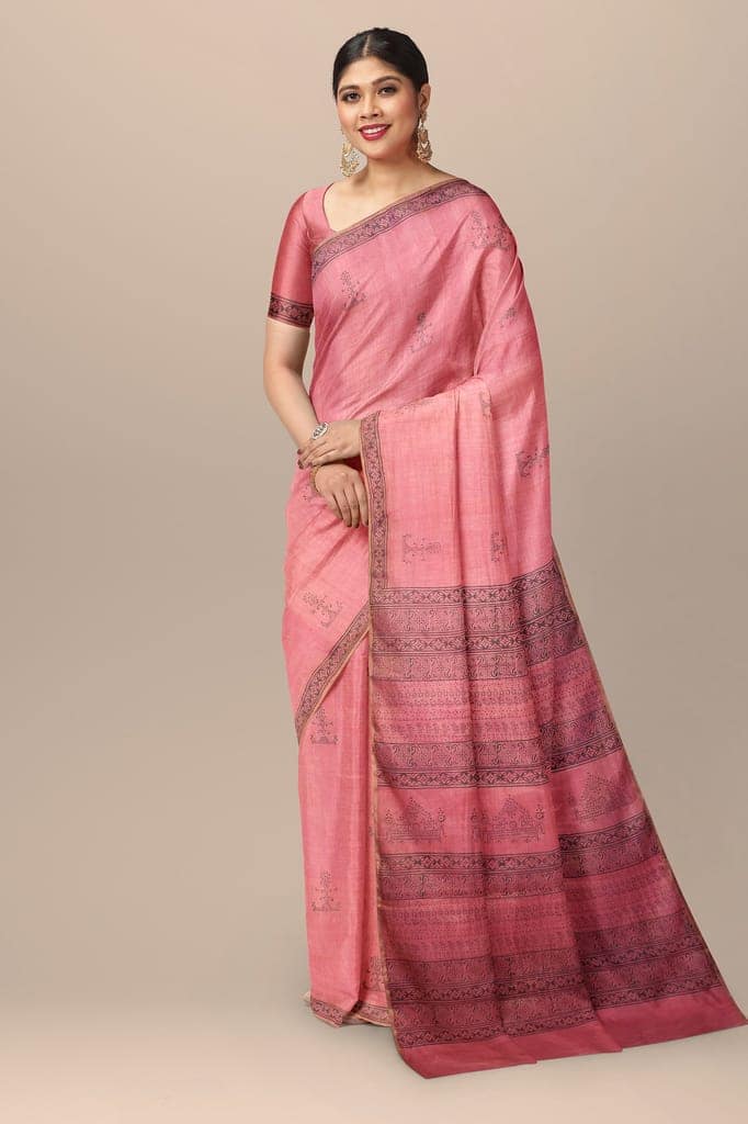 Onion Pink Color Tribal Motif Handwoven Hand Block Print Sausar Tissue Silk Saree SKU - AS10044