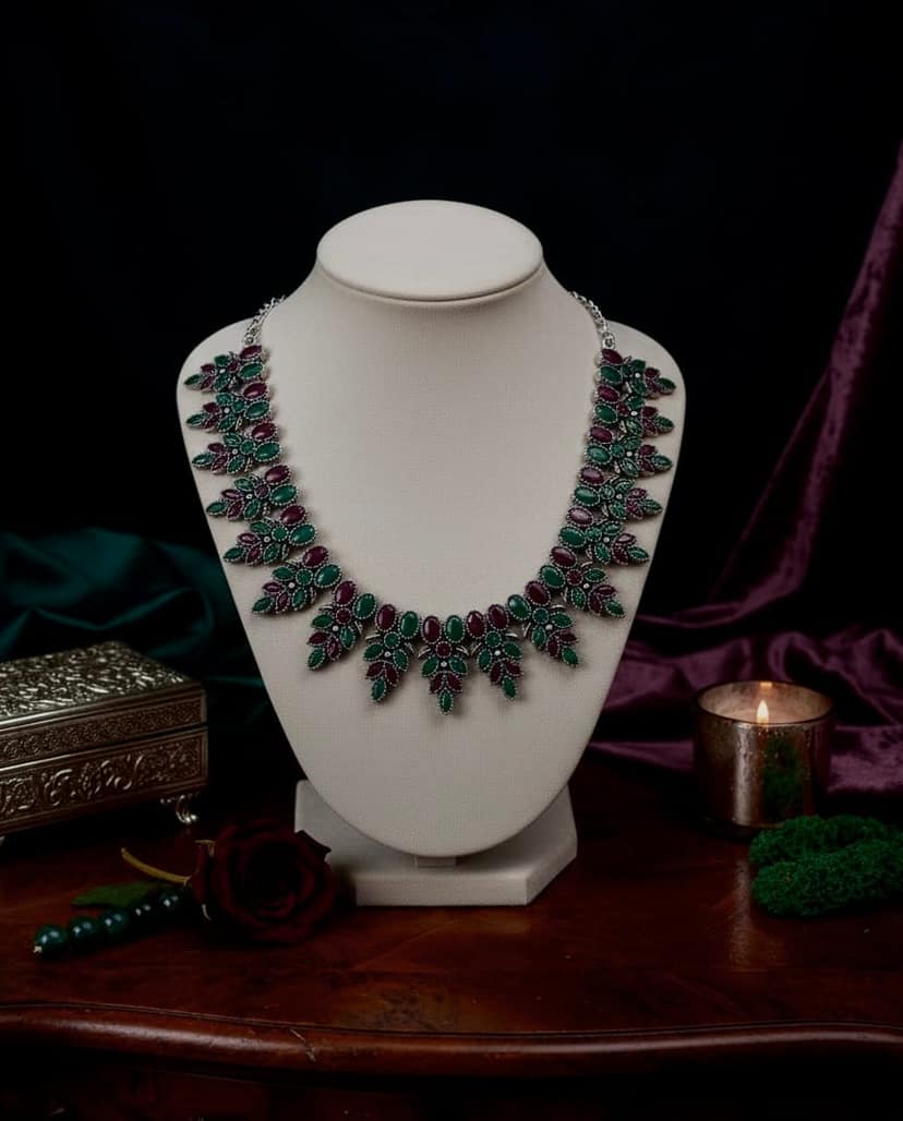 Elegant Green and Pink Stones Jewellery Set view 2