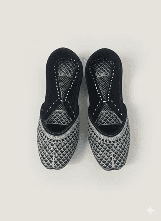 BBJ Handmade Black & Silver Punjabi Jutti for Women | Velvet Finish with Thread & Zari Embroidery | Ethnic Footwear